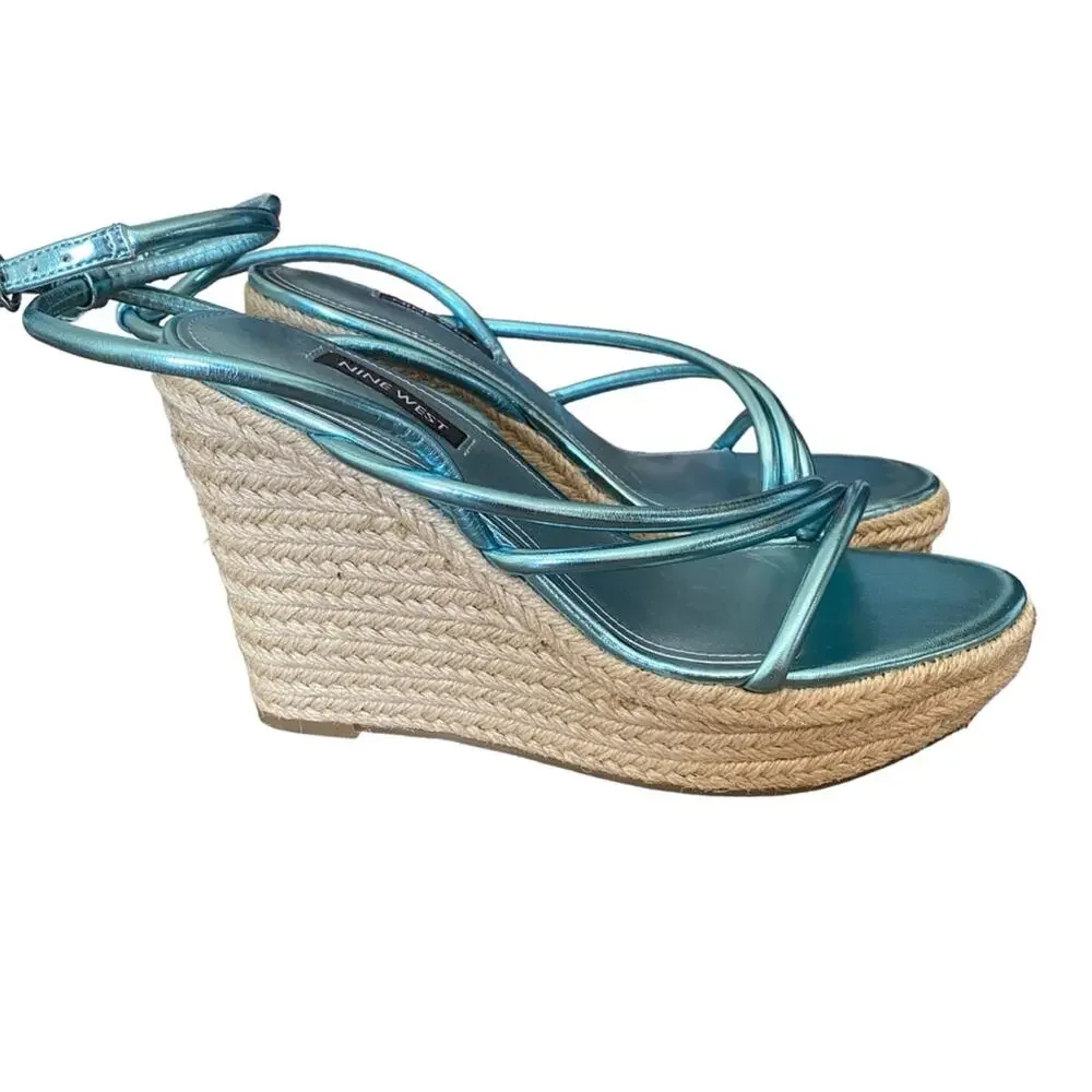 Nine West Hipsta3 Metallic Light Blue Wedge Sandals size 7.5 NWOB